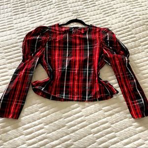 Zara Red Plaid puff sleeve top